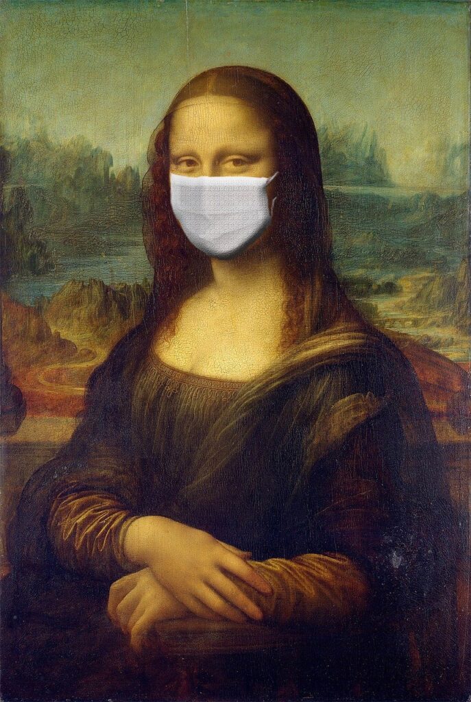 the mona lisa, wearing a mask